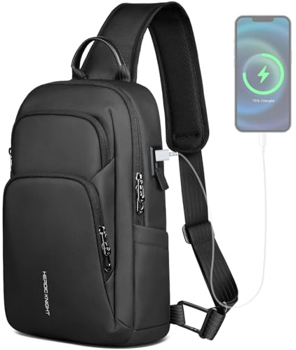 hk Borsa a tracolla da uomo con porta di ricarica USB, zaino a tracolla impermeabile con doppie tasche laterali, borsa sul petto per iPad da 11,3 pollici, per lavoro, viaggi e uso quotidiano - Nero