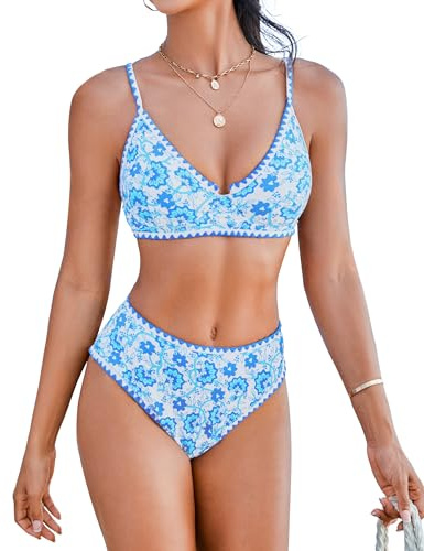 DaiLiWei High Waisted Bikini Sets Womens Bathing Suits Tummy Control 2 Piece Swimsuit Full Coverage Floral Swim Suits