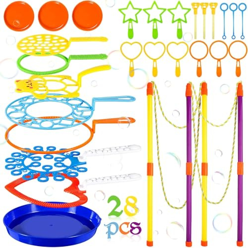 NCKIHRKK Bolle di Sapone Set, 28 Pezzi Bacchetta a Bolle, Kit di Bolle di Sapone Giganti per Bambini per Festa, Giochi Estivi per Bambini, Giochi all'Aperto, Compleanno, Matrimonio