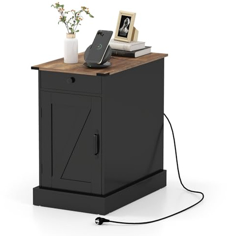 COSTWAY Tavolino da Salotto, Tavolino con Stazione di Ricarica, Coperchio a Ribalta, Cassetto, Vassoio Rimovibile e Armadio, Mobile Versatile in Legno da Letto e Divano (Nero)