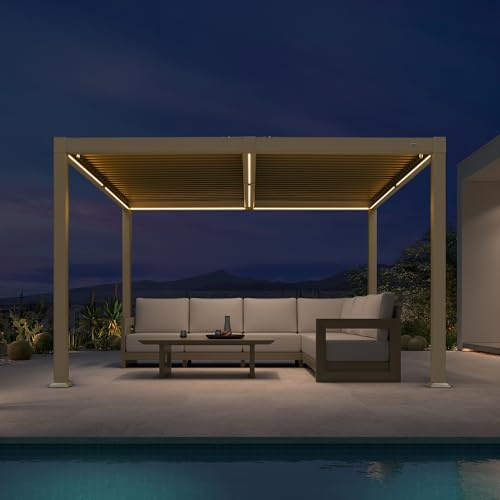 PURPLE LEAF Pergola Bioclimatique Alu 3 x 3,65 m avec Bande LED Champagne