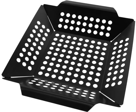 SHINEOFI Panier à Griller en Métal Noir 0,7 Mm Revêtement Antiadhésif, Plateau de Cuisson Carré 20,5 X 25 X 4 Cm, Accessoire Barbecue Extérieur Polyvalent pour Viandes et Légumes,