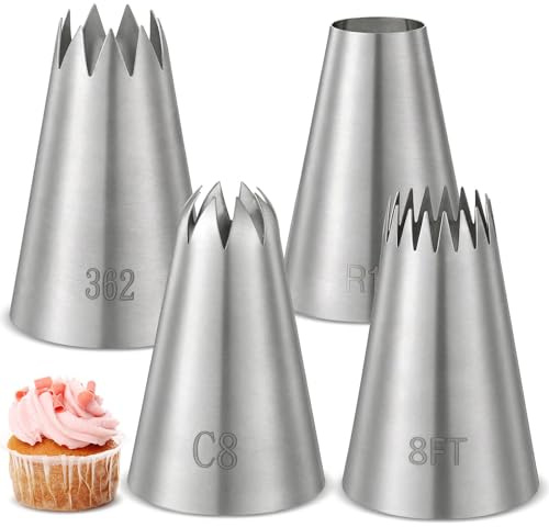 4er Spritztüllen Groß Set Nahtlose Edelstahl Spritztüllen Rostfrei Tüllen (XL) für Spritzbeutel Deko von Cupcakes Torten Spritzgebäck Zuckerguss Brandteig