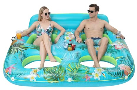 Pool dubbel luftmadrass 205 x 168 x 60 cm PVC vattenhängmatta uppblåsbar badö med 2 mugghållare och ryggstöd, simö lastkapacitet 272 kg/600 pund vattenmadrass