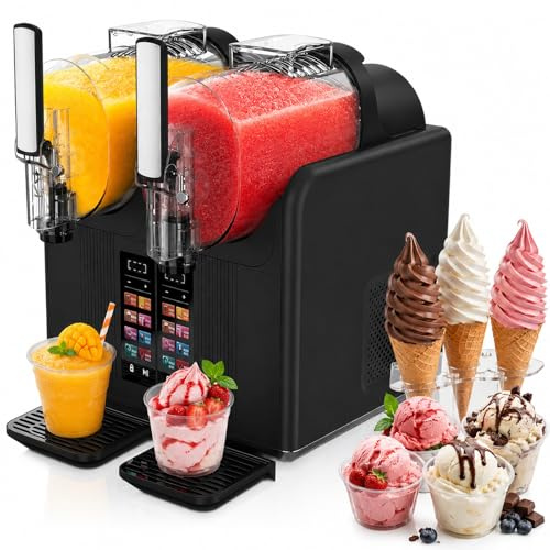 SHUMIAO Máquina de Granizados Profesional 2 en 1 y Helado Soft, Granizadora de Doble Tanque con Pantalla Táctil Inteligente, Dispensador de Bebidas Congeladas, Helado, Sorbetes y Batidos Black