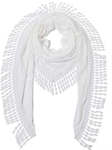Cindy & Wendy Lightweight Triangle Floral Fashion Lace Fringe Scarf Wrap for Women (WHITE-8XH)