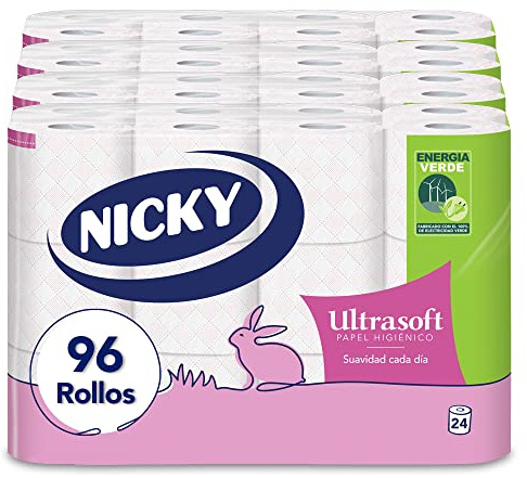 Nicky Ultrasoft, 96 Rollos de Papel Higiénico, 2 Capas | 140 Hojas por Rollo, Delicado Aroma a Talco, Dermatológicamente Testado, Embalaje Reciclable, Celulosa 100% Pura