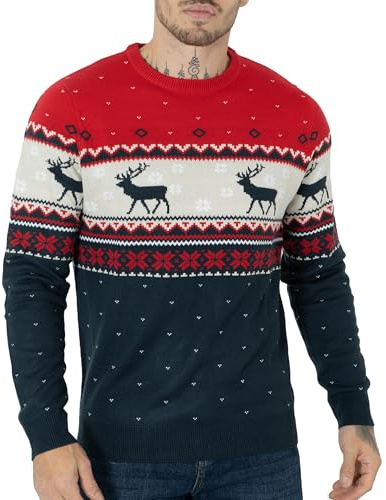 NOROZE Maglione da Elfo Lavorato a Maglia Unisex da Uomo Maglia Pull Over (L, Fiocchi di Neve Renne Navy)