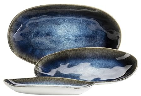 MÄSER Serie Frozen - Juego de 3 platos de cerámica para servir en 3 tamaños, diseño vintage, esmalte moteado, gres, color azul, pequeño