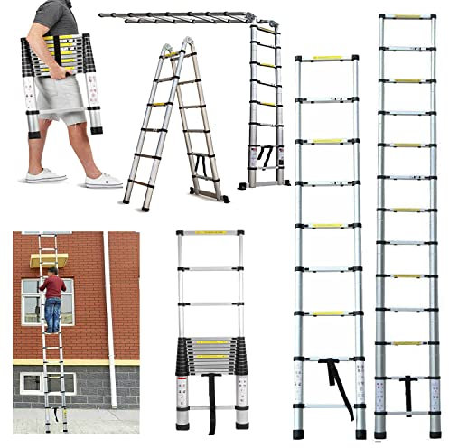 Échelle Télescopique 3.8 m, Escabeau Pliant en Aluminium Échelle Extensible avec avec Stabilisateur, Multifonction Loft Ladder Échelons 6 + 6, 2 Forme, Capacité de 150 kg, Certifié EN131