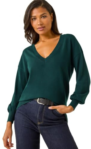 Roman V-Neck Jumper for Women UK Ladies Boyfriend Fit Slouch Sweater Winter Autumn Textured Casual Flattering Knit Pullover Knitwear Daywear Lightweight Lounge - Dark Green - Size 18