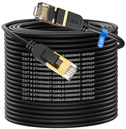 Câble Ethernet Cat 8 60 m, haut débit, robuste, 26 AWG, câble réseau LAN Cat8 40 Gbit/s, 2 000 MHz avec connecteur RJ45 plaqué or, câble Internet extérieur et intérieur compatible avec routeur