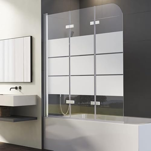 Duschwand für Badewanne 3-teilig 120x140cm Silber Gestreift Dreifaltigkeitstür Duschtrennwand mit 6mm ESG Glas, Streifenmuster Trennwand Faltbar Badewannenwand Sicherheitsglas Dusche