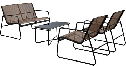 Home4You Gartenlounge - 4-teilig - mit 1 Gartenbank, 2 Gartenstühlen & Loungetisch - Anthrazit - Braun - Metall - Textilen - für 4 Personen - Gartengarnitur Sitzgruppe Gartenmöbel Gartengruppe Set