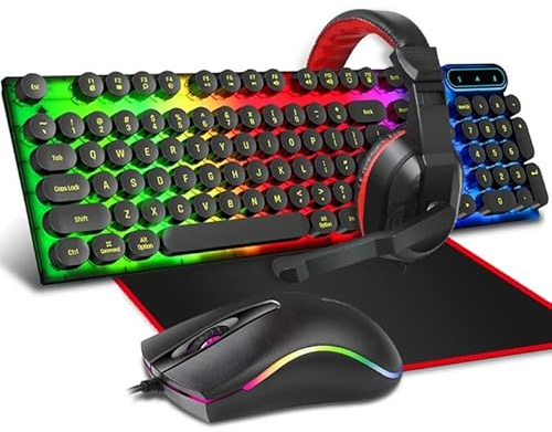 SweetWU - Kit de teclado, mouse, auriculares y alfombrilla de mouse para juegos - Retroiluminación LED arcoíris con cable - Ergonómico - USB - Compatible con PC