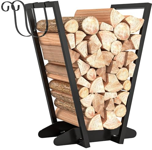 Outsunny Range-bûches porte bûche range bois de chauffage en acier design trapézoïdal avec 2 crochets et étagère inférieure pour intérieur et extérieur 45 x 32 x 58 cm noir