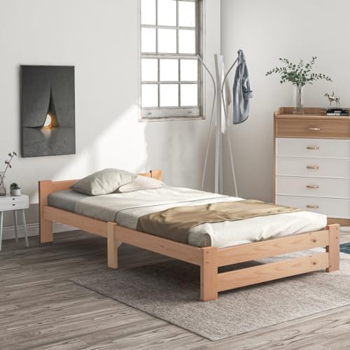 KDXYSL Solide Massivholzbett Futonbett Massivholz Natur Bett aus mit Kopfteil und Lattenrost, Natur (200x90cm)