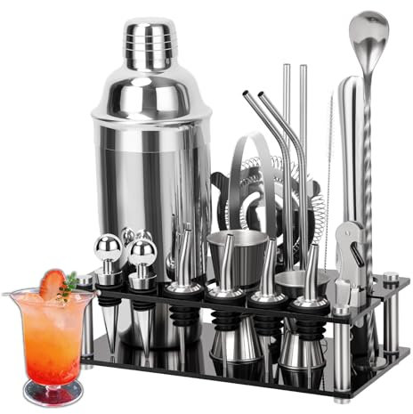 Cinnani Cocktail Shaker Set di 20 Pezzi-Set Cocktail Professionale-Cocktail Set con Acrilico Soporte-Professionale barman set-Cocktail Shaker Set-Set Shaker in Acciao Inox-Shaker per Cocktail