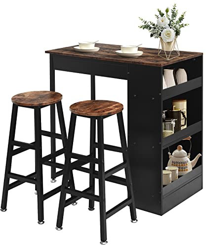 RELAX4LIFE Bartisch Set 3-Teilig, Thekentisch mit 2 Barhockern & 3 Ablagen, Esstisch & Hocker mit Metallrahmen, Essgruppe für 2 Personen, Industriedesign, Vintagebraun+Schwarz