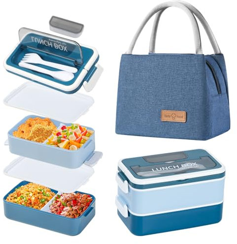 Aiuuee Bento Lunch Box avec Sac Kit, 1600ML Boite Repas avec Sac Isotherme et Couverts, Hermétiques Bento Japonais avec Compartiment, Boite Micro Onde pour Enfant Adultes Pique Nique Travail (Bleu)