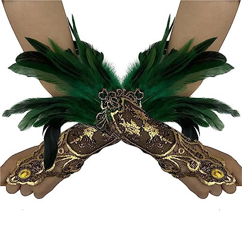ihreesy 1 Paar Damen Feder Spitze Lange Handschuhe, Vintage Feder Manschette Fingerlose Handschuhe Manschetten Spitzenhandschuhe Armkette für Halloween-Rollenspielparty,Grün #A