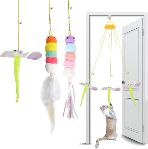 Wisebom Appeso Giochi per Gatti Interattivi, 3Pcs Giocattoli per Gatti da Appendere con Campana e Erba Gatta, Giochi di Piume Corda Elastica per L'esercizio Elimina la Noia