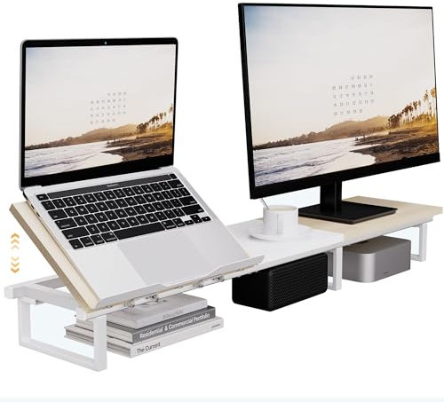 Aothia Dual Monitorständer Holz, 108cm großer monitorerhöhung mit höhenverstellbarem Laptop Ständer,Desktop Organizer/Monitor Stands Riser für PC/Laptop/TV/Drucker(Weiß + Eiche)