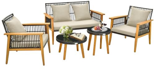 GIANTEX Gartenlounge Outdoor Möbelsets, 5-teiliges Rattan Gartenmöbel Set mit Akazienholzrahmen, Sitzgruppe für 4 Personen mit Sitzkissen, Balkonmöbel Kleiner Balkon, Terrassenmöbel Sitzgarnitur