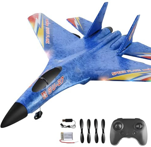 OpenRC – RC ferngesteuertes Flugzeug SU-27 – Funkgesteuertes Kampfflugzeug – Geschenkidee Spielzeug für Kinder, Jungen und Mädchen – Propeller-Akkuladegerät – Indoor Outdoor Anfänger – Lichteffekt-Seg