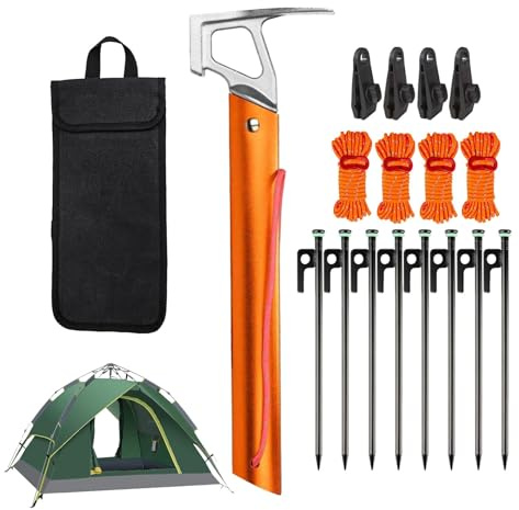 Martillo de camping para clavijas de tienda: martillo de tienda resistente inoxidable para acampar - Juego de martillo resistente con bolsa de almacenamiento y goma fluorescente para pastizales