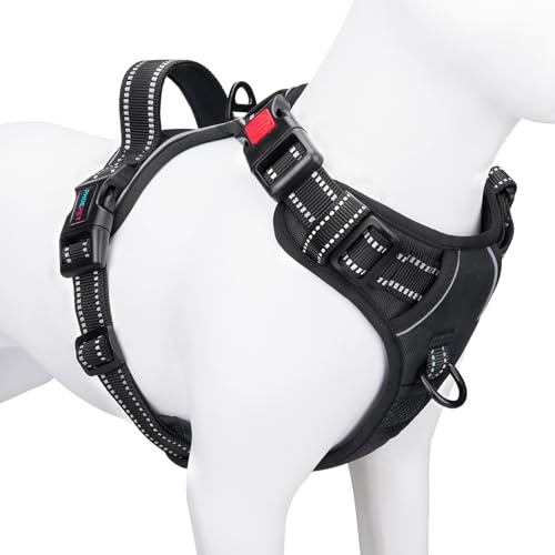 PHOEPET Hundegeschirr Grosse Hunde, Anti Zug, Einfach Anzulegen,Schwarz,XL | No Pull,Verstellbar, mit Griff，3 Schnellverschluss-Schnallen,2 D-Ringe,Reflektierend,Atmungsaktive Polsterung
