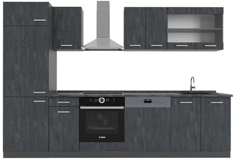 Vicco Küchenzeile R-Line, Schwarz Beton/Anthrazit, 300 cm AP Anthrazit, geeignet zur individuellen Erweiterung durch Zusatzmodule