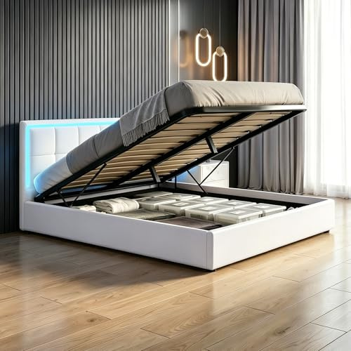 Bed Frame with Storage, 4FT6 Double Faux Leather Bed, Ottoman Gas Lift Storage Bed Frame, LED Double Size Bed for Bedroom Home, White | Faux Leather Bed, LED Double Bed for Bedroom Home