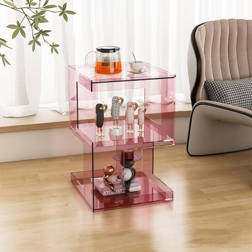 XMLYSMYS Acryl-Beistelltisch mit Stauraum, Wohnzimmertisch, 3-stufiger Telefontisch für Kleine Räume, Nachttisch fürs Schlafzimmer(Pink)