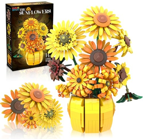 Mavo brix Icons Blumen Set für Erwachsene, Drucke Kunst Botanische Kollektion für Frauen und Mädchen ab 14+, Sonnenblumen-Topf Strauß Pflanzen-Kits kompatibel mit Lego Blumen Valentinstag