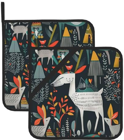 Topflappen mit skandinavischen Tieren, bedruckt, quadratisch, hitzebeständig, für Backofen, Mikrowelle, Küche, Kochen, Backen, Grillen, 2-teilig