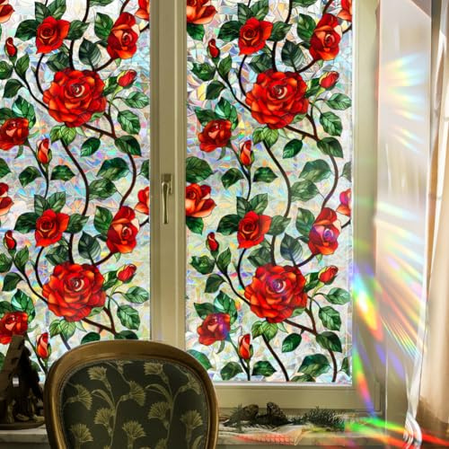GORGECRAFT 100x43cm Große Sichtschutzfolie Für Fenster Mit Rosen Und Regenbogenmotiv Rote Blume Sonnenschutz Nicht Klebend Fensterfolie Für Buntglas Dekorative 3D Aufkleber Statisch UV Beständig Für