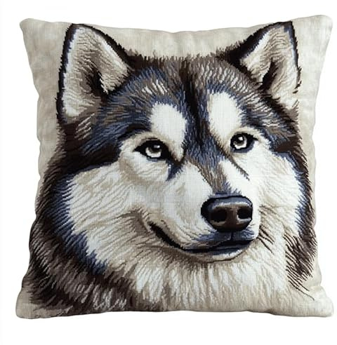 WallustrioaW Kit de Coussin avec Crochet à Loquet Chien animal,husky,Kit Coussin au Point Noué,création de Tapis et Canvas,Kit Tapis Point Noué,43x43cm
