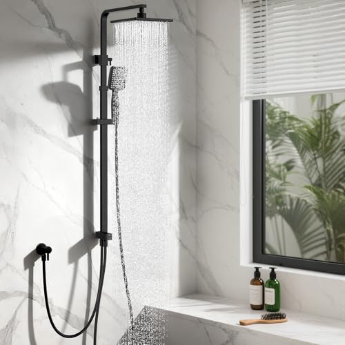 HOMELODY Duschsystem Ohne Armatur, Schwarz Regendusche Duscharmatur Edelstahl Duschset Eckig Regendusch, Verstellbarer DuschsäUle Mit Duschkopf Kopfbrause