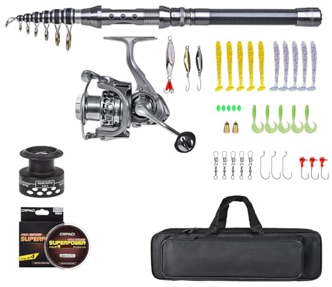 Teleskoprute Angelruten und Rollen Kombi Set, 2.1m / 2.4m Metall Angelruten Set mit Angelschnur Angelköder Set, Angelzubehör und Tragetasche für Salzwasser und Süßwasser (2.4M)