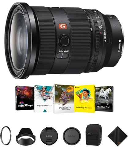 Sony FE Objectif 24-70 mm f/2.8 GMaster II pour monture E – Objectif zoom standard rapide avec filtre de protection UV Tiffen 82 mm, kit logiciel Corel et chiffon de nettoyage – Ensemble essentiel