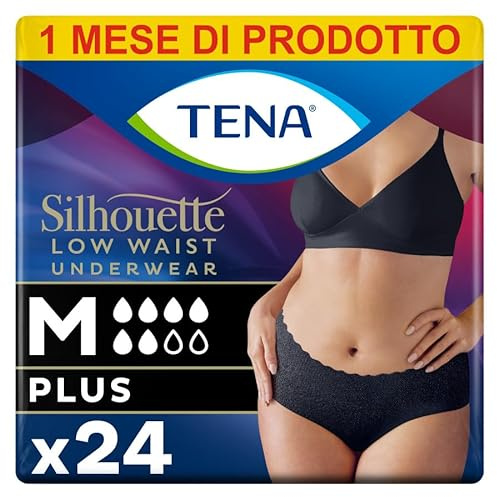 TENA Silhouette, Noir, Vita Bassa, Taglia M, 24 Mutandine, per Perdite Urinarie, Elasticizzate, Monouso, per Donna