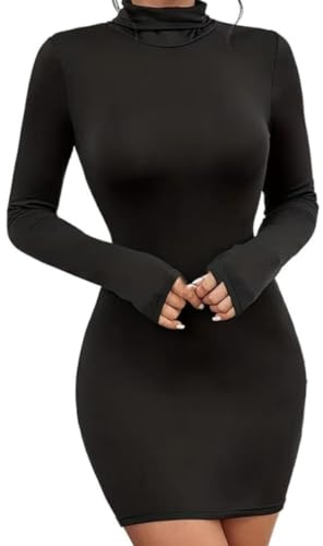 Women's Long Sleeve Dress, Mock Neck Elastic Mini Cocktail Dress, Sexy Black Slim Fit Solid Spring Autumn Winter Dresses, Skinny A-Line Knee-Length Basic Bodycon Wrap Dresses for Party Club Leisure