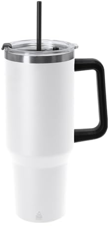 Jarra Termica, Vaso Acero Inoxidable Reciclado 1.2L con Asa Ergonomica, Pajita Integrada y Tapa Hermetica, Vaso Termo Cafe para llevar Sostenible, Taza Termica simple modern (BLANCO)