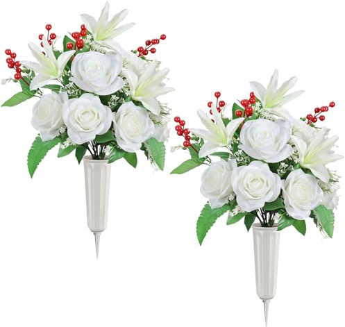 Lewondr Artificial Cemetery Flowers with Vase for Grave, White Lily, 2 Pack | Silk Pure Lily Rose, UV Resistant, No Watering Needed, Fade Proof, Memorial Day Flowers for Graveyard Outdoor Decoration