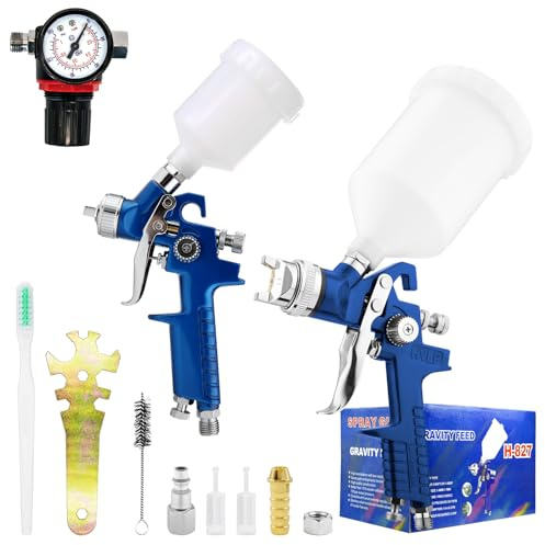 2-in-1 HVLP Pulvérisateurs de Peinture avec buse de 0,8mm Buses 125ML Tasse et 1,4 mm Buses 600ML Tasse Pistolet pulvérisateur Professionnel pour Peinture de Meubles de Voiture (Bleu)