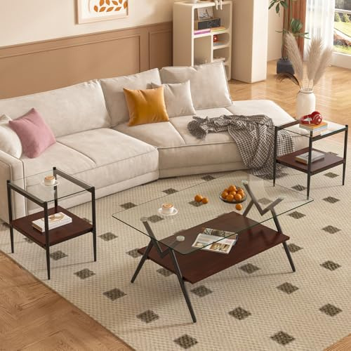 ODUSE-DAILY Coffee Table and End Table 3 Piece Living Room Set, Black Metal Frame Glass Top End Tables, Square Top Shelf, Sofa or Couch Side Tables, Mesa de Centro para Sala (3 Pcs)