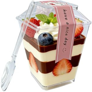 cactusgirl 30 Stück Dessertgläser Plastik 150 ml mit Deckel und Löffel – Eckige Dessertbecher aus Kunststoff, Stapelbar, Ideal für Mousse, Joghurt, Party, Picknick & Catering