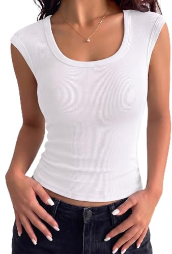 Aottori Tee Shirt Femme Col U Côtelé Manches Courtes Moulant Extensible | Top Femme Basique, Chic Élégant, Léger, Uni, Quotidien, Bureau, Sortie, Vacances, Doux Confortable