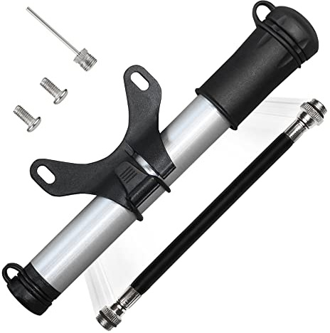 Bergsteiger Mini Fahrradpumpe für Schrader und Presta Ventile | Mobiler Einsatz fuer Fahrrad oder Kinderwagen dank Flex Schlauch. Inklusive kostenloser Ballnadel zum Aufpumpen von Baellen.